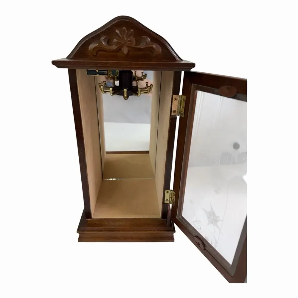 Vintage 1980’s Wooden Jewelry Cabinet Mirror Back Glass Etched Door Carousel